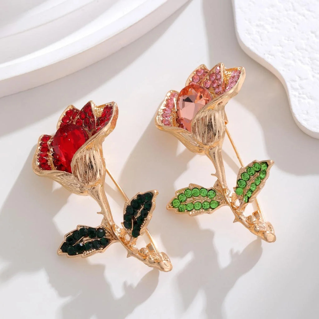 Elegant Rose Rhinestone Enamel Brooch For Women, Alloy Floral Lapel Pin Corsage Cardigan Suit Gift