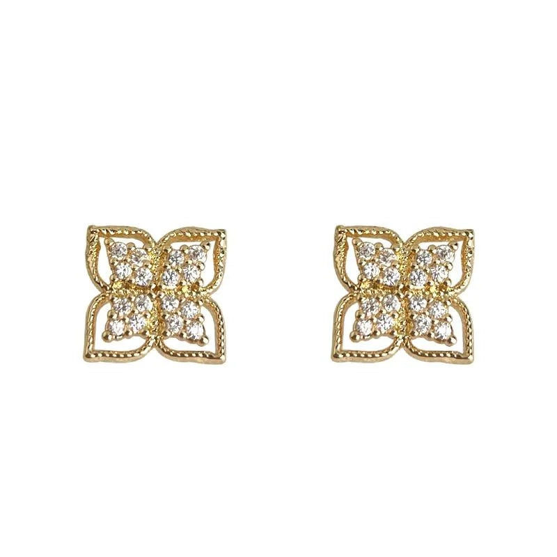 14K Gold Plated Copper Micro Pave Zircon Floral Geometric Stud Earrings, French Minimalist Jewelry