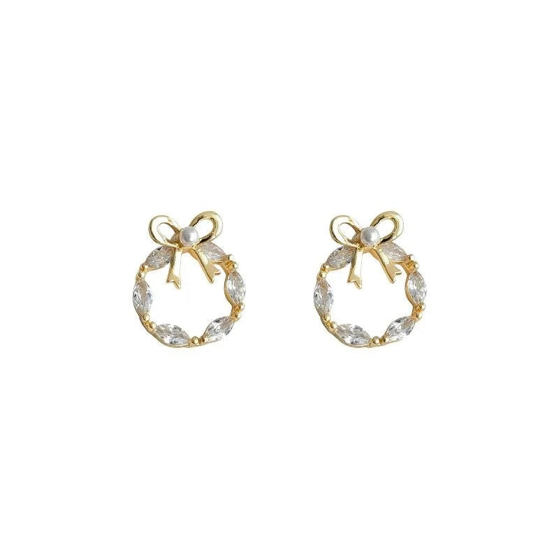 Sweet Bow Wreath Micro Pave Zircon Copper Stud Earrings, Hollow Geometric Round Mini Jewelry