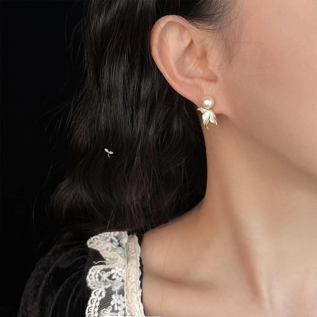 18K Gold Plated Copper Freshwater Pearl Butterfly Flower Stud Earrings Elegant Fashion Jewelry