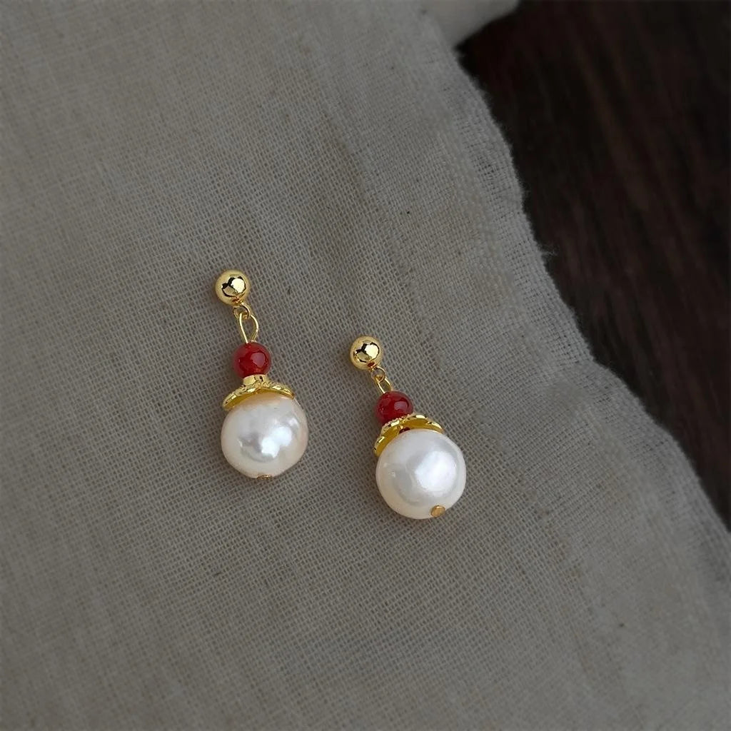 Vintage Baroque Natural Freshwater Pearl Geometric Round Drop Earrings For Women