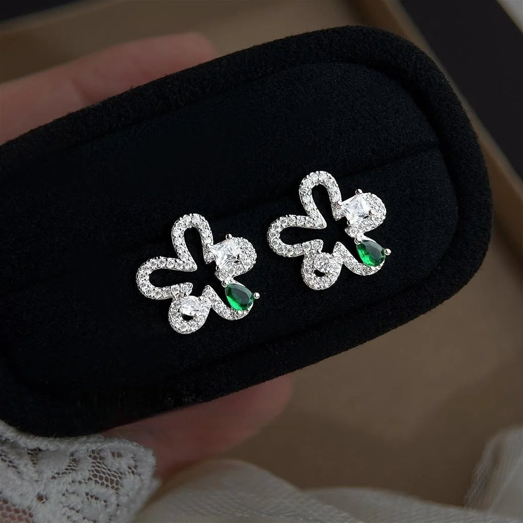 Light Luxury Micro Pave Zircon Copper Hollow Flower Stud Earrings Green Mini Minimalist Jewelry