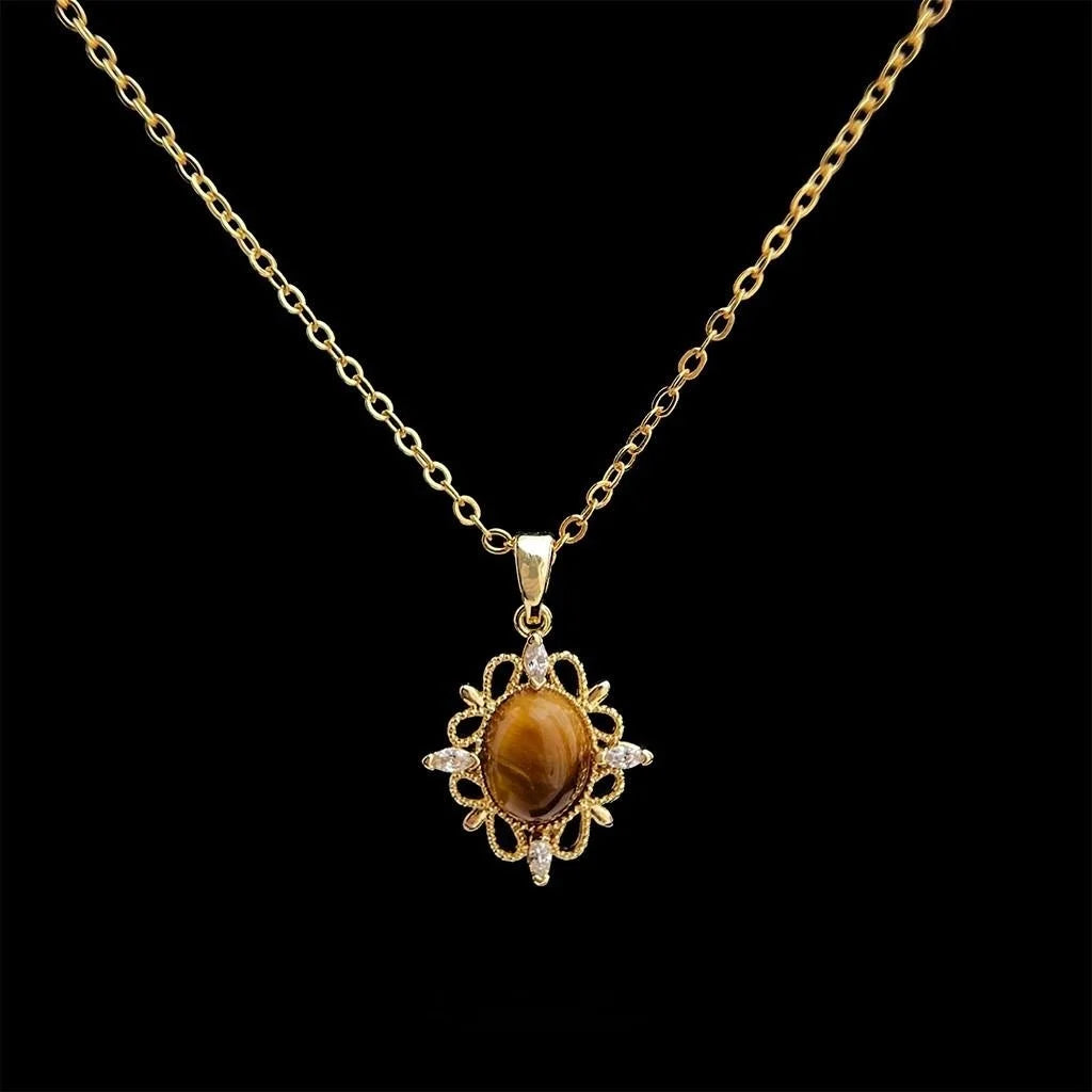 18K Gold Plated Copper Natural Tiger Eye Stone Flower Geometric Maillard Vintage Collarbone Necklace