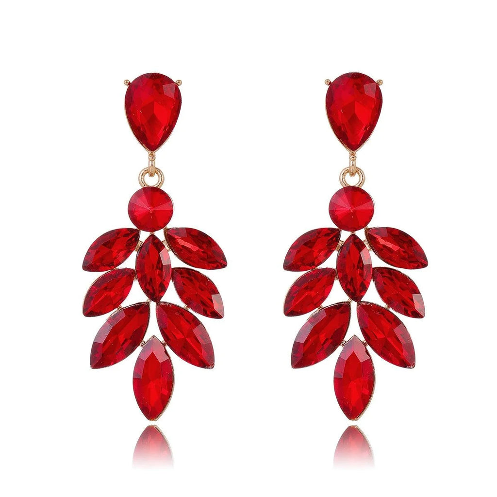 Luxury Green Crystal Leaf Tassel Drop Earrings, Gold Tone Alloy Rhinestone Bridal Jewelry For Wedding Party