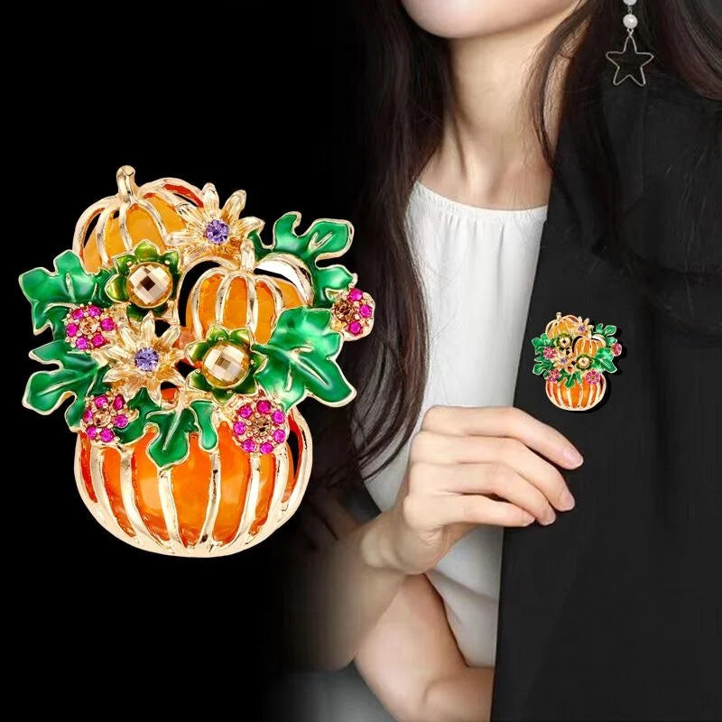 Elegant Enamel Pumpkin And Leaf Rhinestone Brooch, Gold Tone Alloy Halloween Lapel Pin Corsage Gift