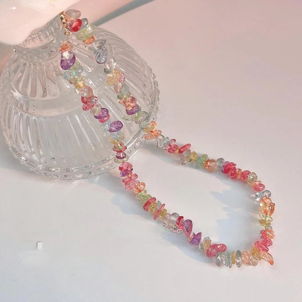 Handmade Colorful Glass Crystal Chip Choker Necklace Sweet Summer Geometric Round Bead Collar