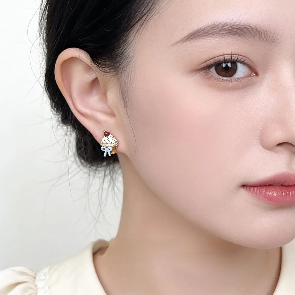 Cute Childlike Hand Painted Ice Cream Cake Copper Zircon Stud Earrings For Women