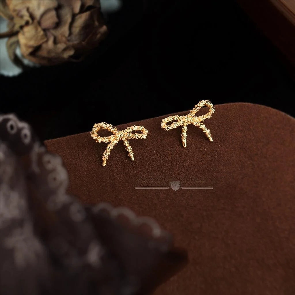 Minimalist Sandblasted Bow Stud Earrings Eco Copper With Silver Plated Pins For Women