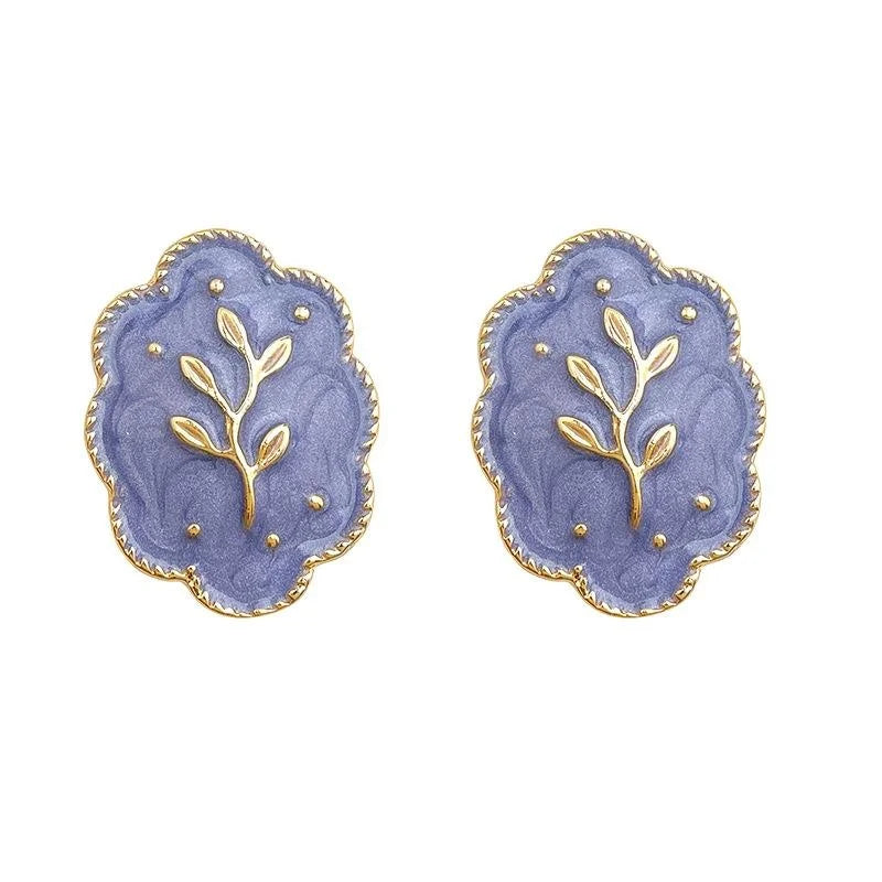 French Vintage 14K Gold Plated Alloy Purple Enamel Wheat Leaf Drop Earrings