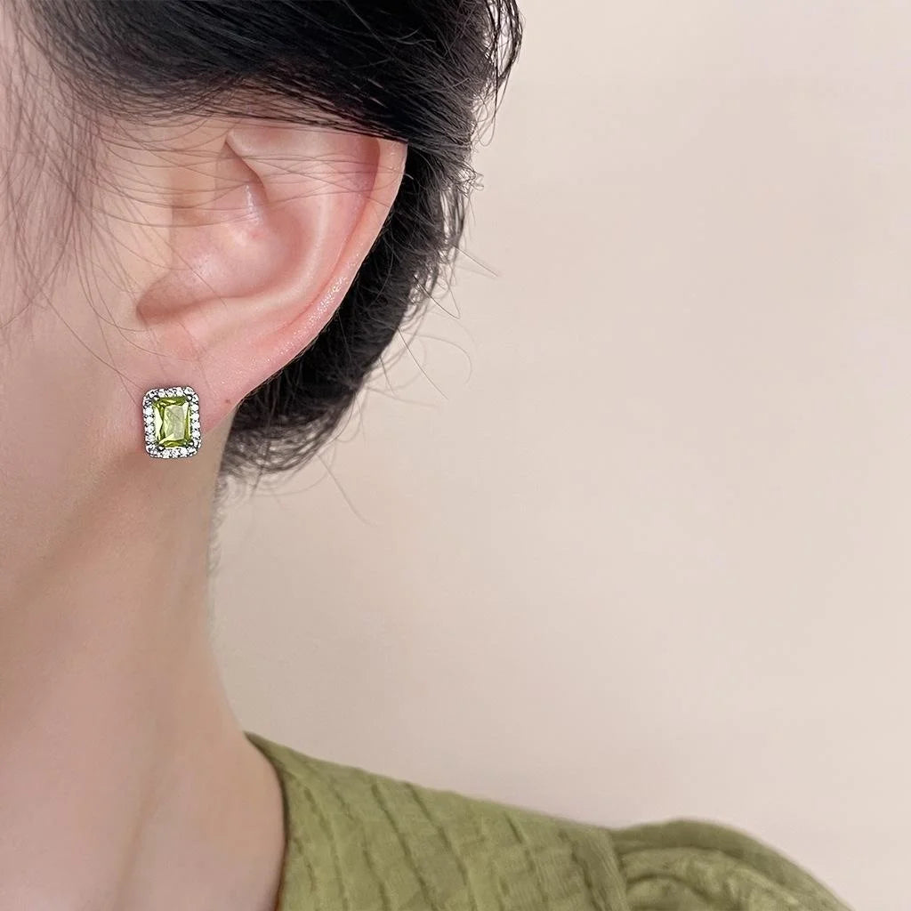 Olive Green Square Geometric Micro Pave Zircon Copper Stud Earrings For Women, Premium Minimalist Style
