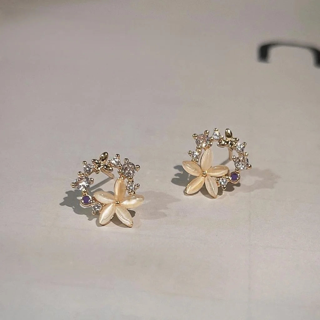 14K Gold Plated Copper Flower Glass Cat Eye Zircon Stud Earrings Sweet Style