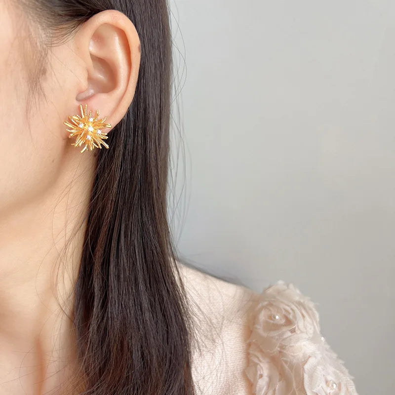 Elegant Gold Alloy Firework Starburst Rhinestone Stud & Clip On No Piercing Statement Earrings