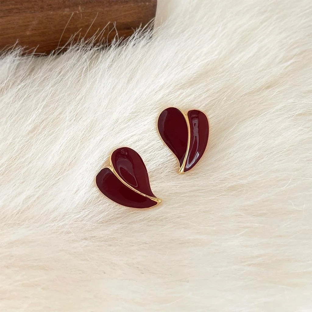 14K Plated Copper Burgundy Red Enamel Heart Stud Earrings, Hong Kong Style