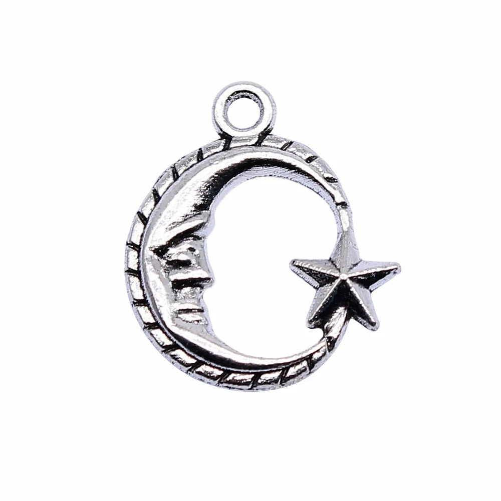19x16mm 1.3g Antique Silver Zinc Alloy Star Moon Charm Pendant for DIY Necklace Bracelet Making
