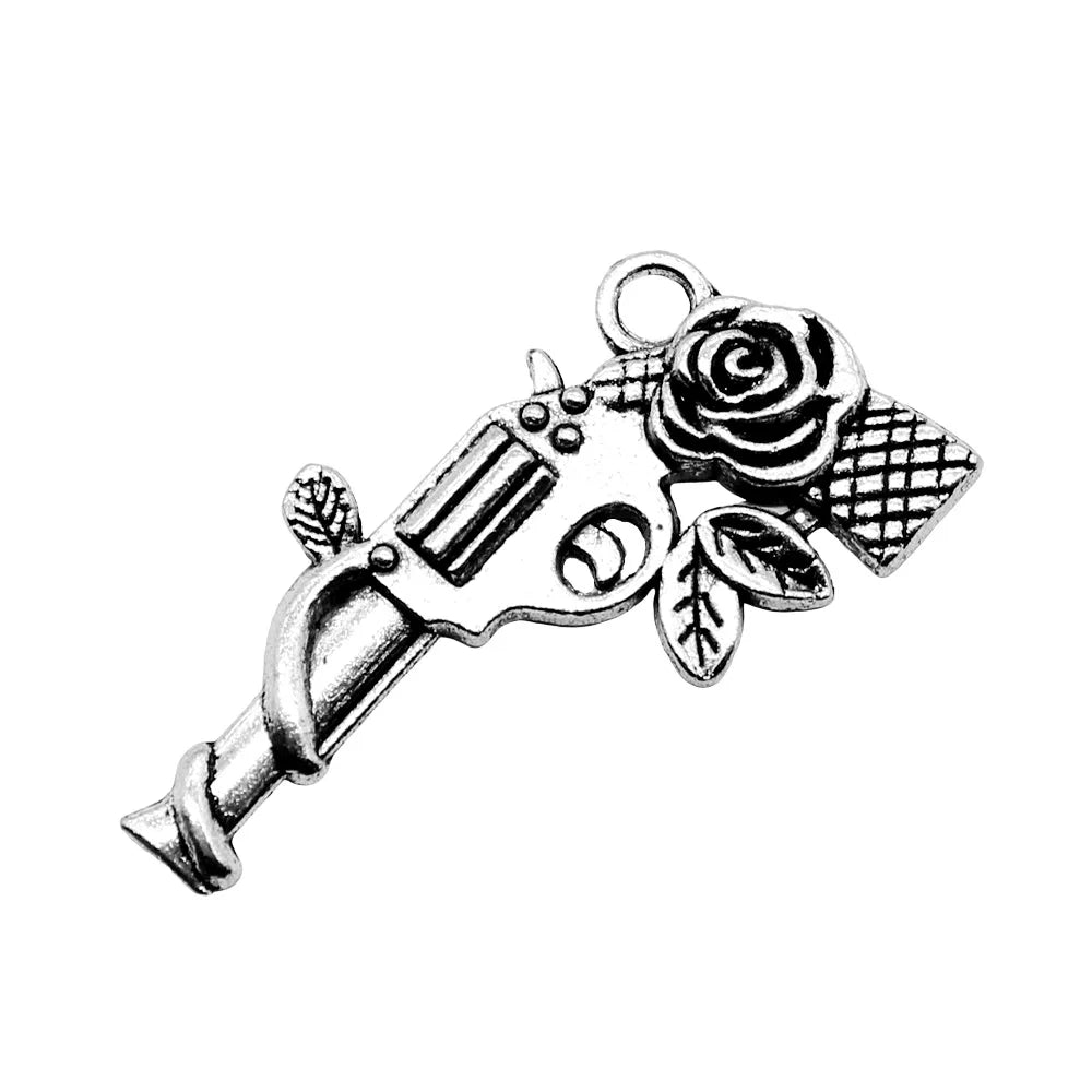 31x19mm 2.1g Antique Silver Zinc Alloy Flower Pistol Charm Pendant for DIY Necklace Jewelry Making