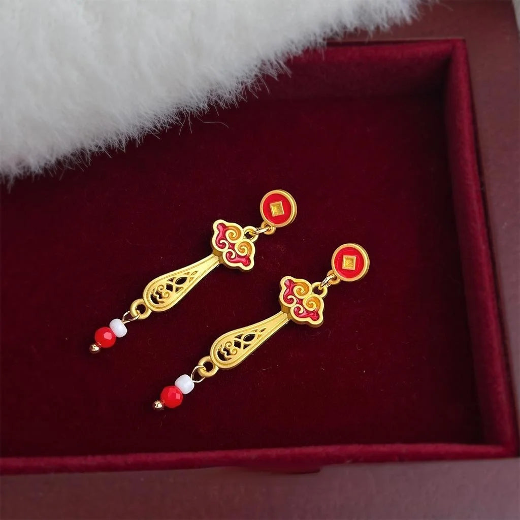 Chinese Style Red Enamel Ruyi Cloud Drop Earrings, Copper Glass Crystal Long Dangle Jewelry