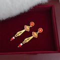 Chinese Style Red Enamel Ruyi Cloud Drop Earrings, Copper Glass Crystal Long Dangle Jewelry