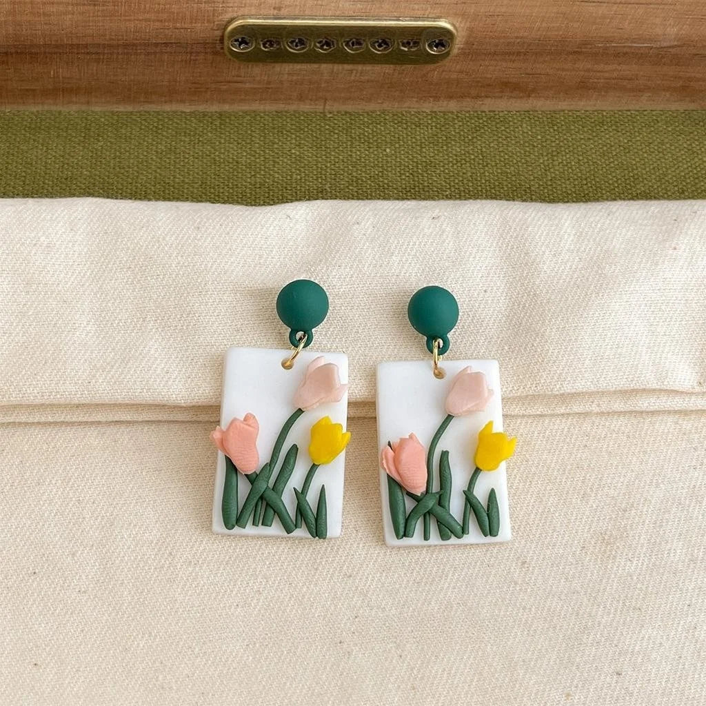 Handmade Polymer Clay Tulip Flower Drop Earrings Forest Style Sweet Floral Designer Jewelry