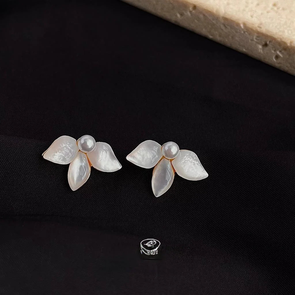 14K Gold Plated Copper Real Shell Iris Flower Leaf Stud Earrings Elegant Light Luxury Jewelry