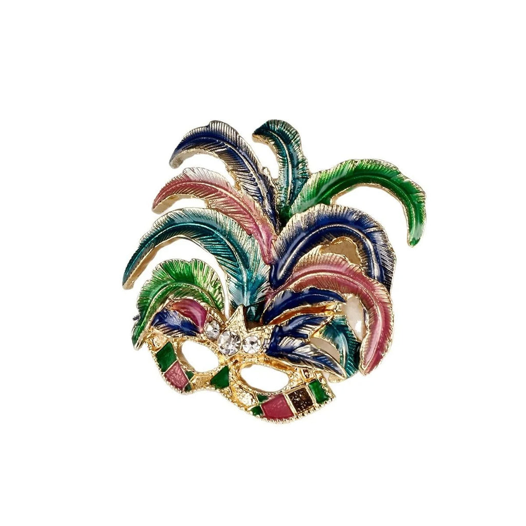 Elegant Colorful Enamel Feather Masquerade Mask Brooch With Rhinestones, Luxury Lapel Pin Suit Accessory