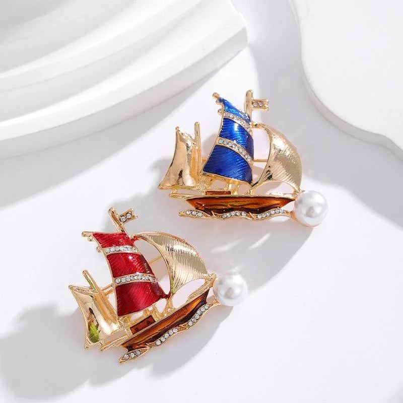 Elegant Sailboat Brooch Alloy Red Enamel Rhinestone Mother Of Pearl Lapel Pin Corsage Suit Accessory Gift