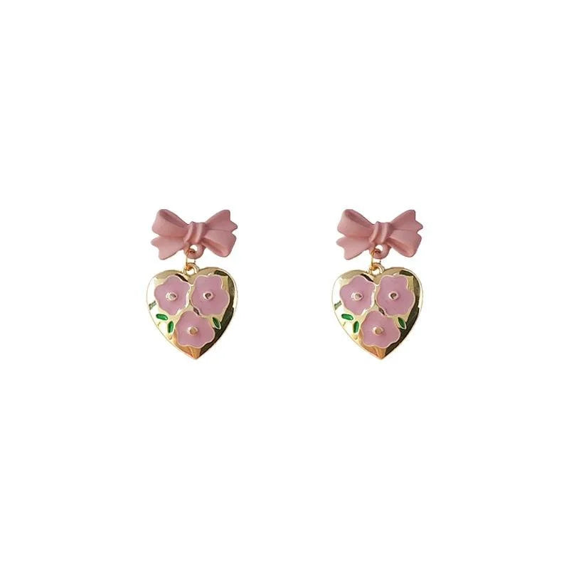 Sweet Pink Flower Heart Bow Copper Stud Earrings For Women Princess Style Jewelry