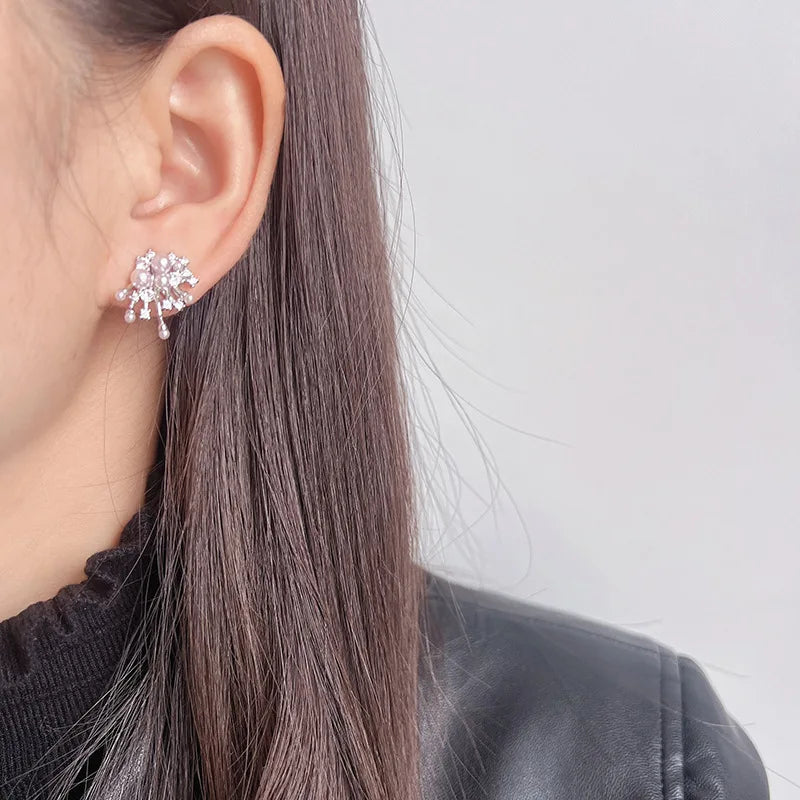 Elegant Firework Starburst Pearl Zircon Alloy Stud & Clip On No Piercing Bridal Party Earrings