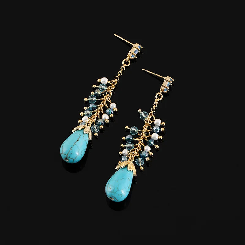 Vintage Turquoise Teardrop Tassel Alloy Crystal Pearl Stud & Clip On No Piercing Long Dangle Earrings
