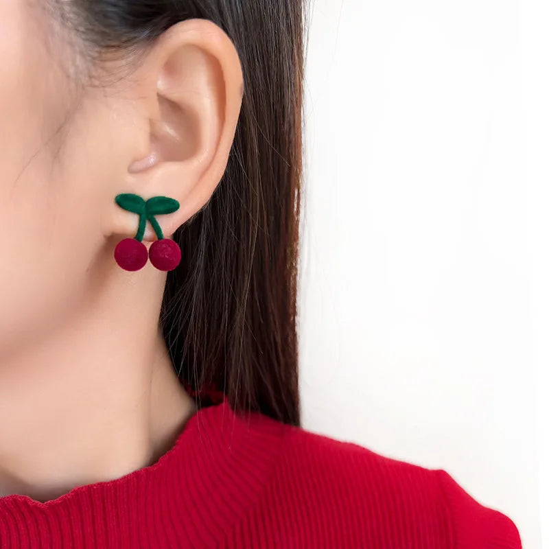 Sweet Flocked Cherry Fruit Stud & Clip On No Piercing Cute Winter Velvet Drop Earrings