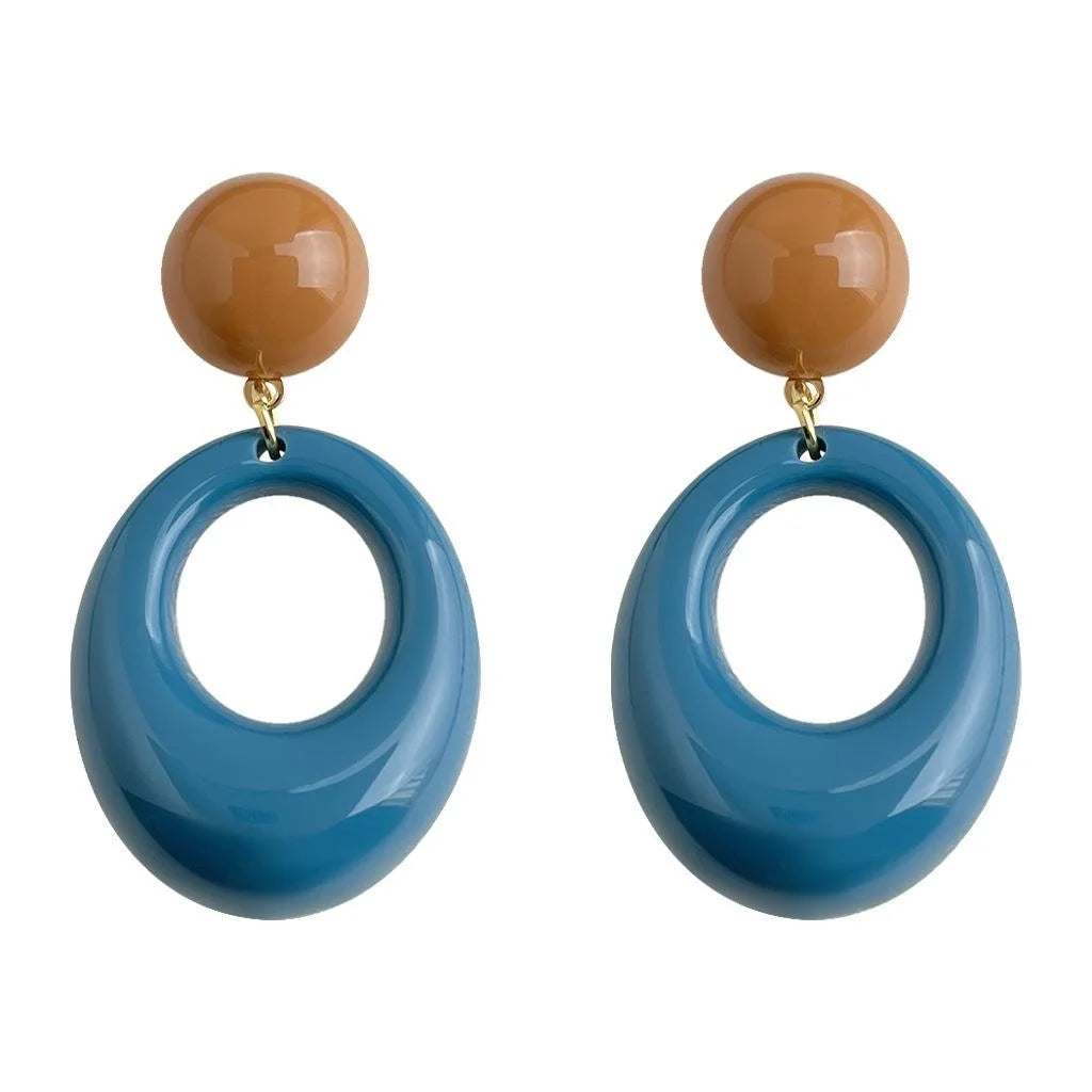 Vintage Hong Kong Style Haze Blue Geometric Resin Drop Earrings With Copper