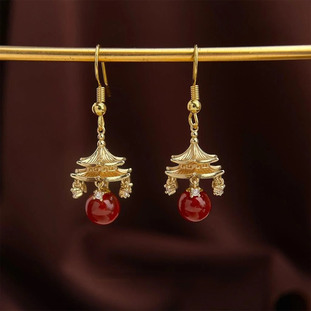 Chinese Style Geometric Tassel Drop Earrings With Copper Red Agate And Micro Pave Zircon