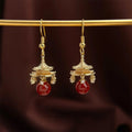 Chinese Style Geometric Tassel Drop Earrings With Copper Red Agate And Micro Pave Zircon