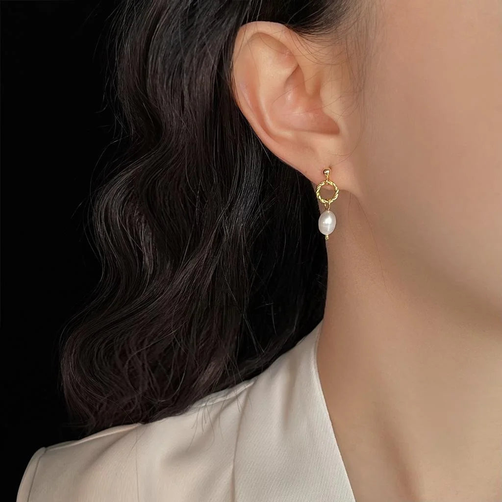 Natural Freshwater Pearl Oval Geometric Drop Earrings Handmade Light Luxury Silver Plated Posts