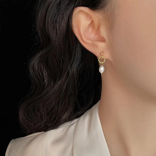 Natural Freshwater Pearl Oval Geometric Drop Earrings Handmade Light Luxury Silver Plated Posts