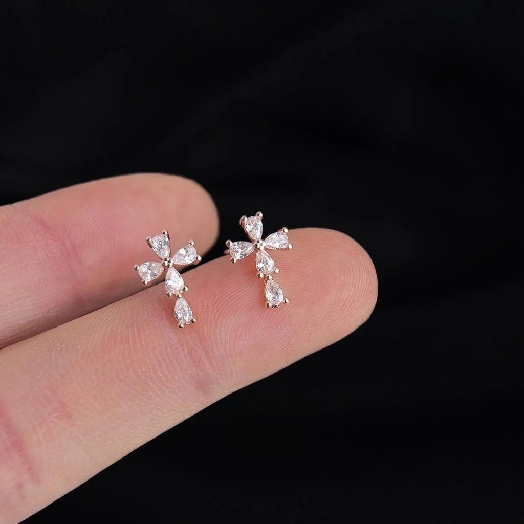 Copper Micro Pave Zircon Mini Cross Stud Earrings Minimalist Geometric Jewelry