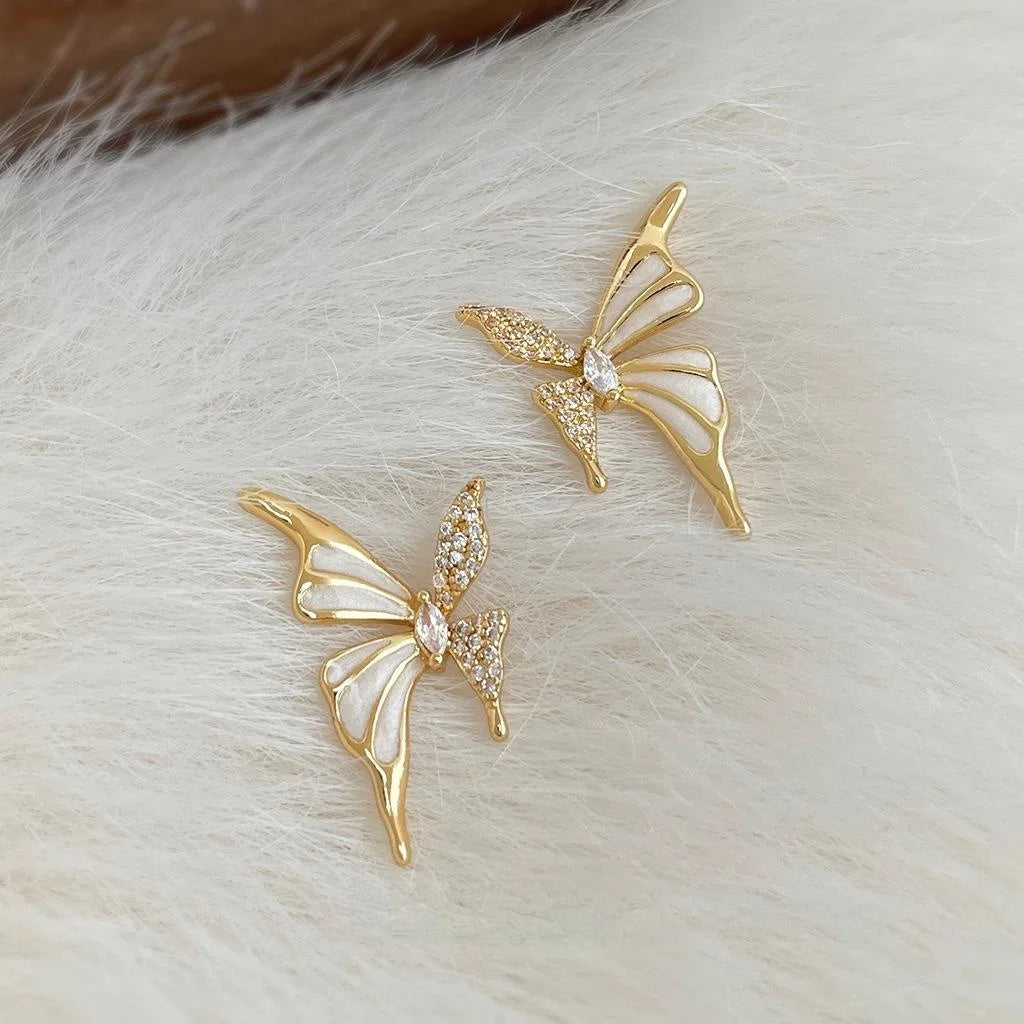Elegant French Copper Micro Pave Zircon Liquid Butterfly Stud Earrings Light Luxury Jewelry