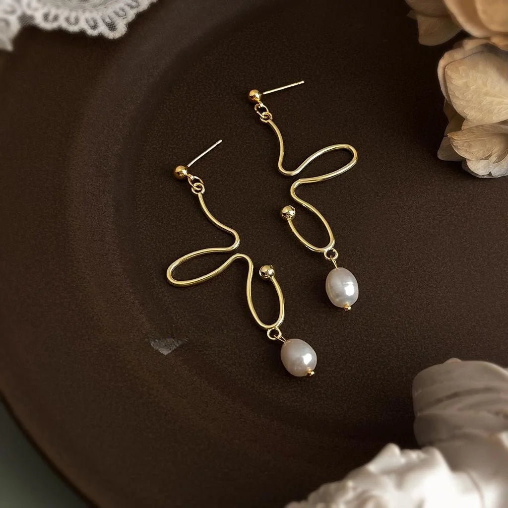 Freshwater Pearl 14K Plated Abstract Butterfly Stud Earrings Minimalist Copper Jewelry
