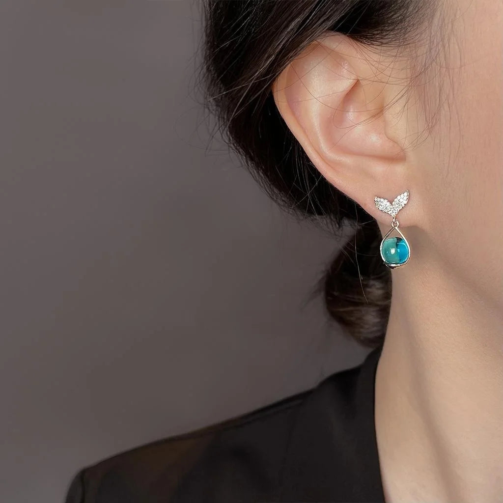 Vacation Style Zircon Micro Pave Copper Glass Fishtail Waterdrop Drop Earrings