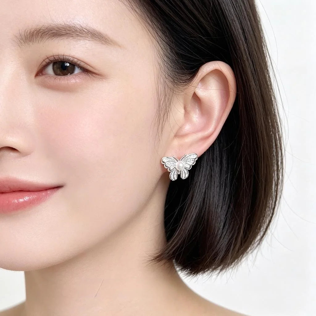 Fashion Light Luxury Micro Pave Zircon Pearl Butterfly Stud Earrings In Eco-Friendly Copper