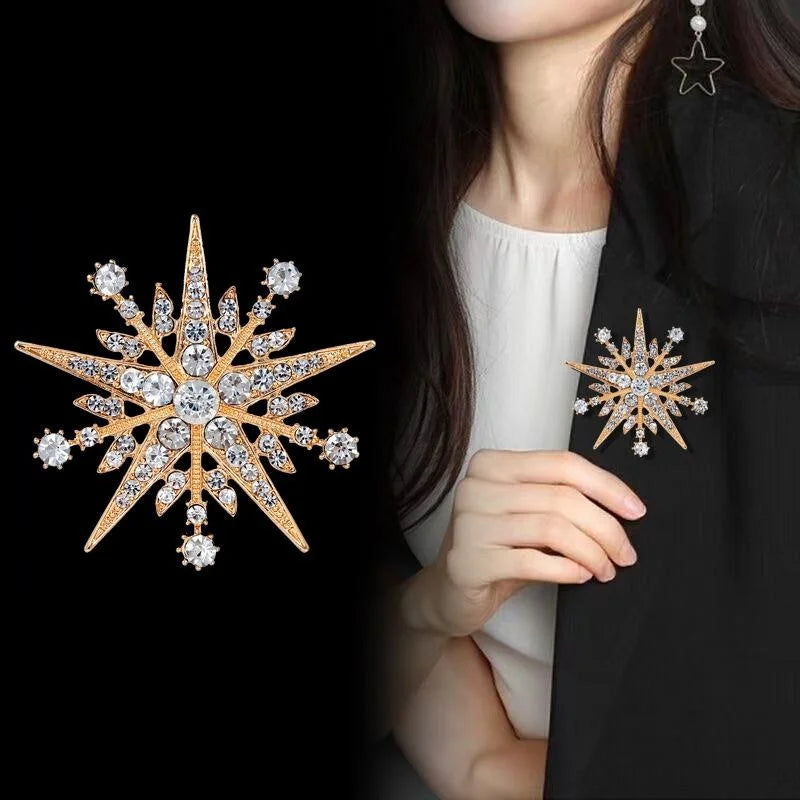 Elegant Eight-Point Star Snowflake Brooch, Alloy Rhinestone Lapel Pin Corsage For Suits Coats And Gifts