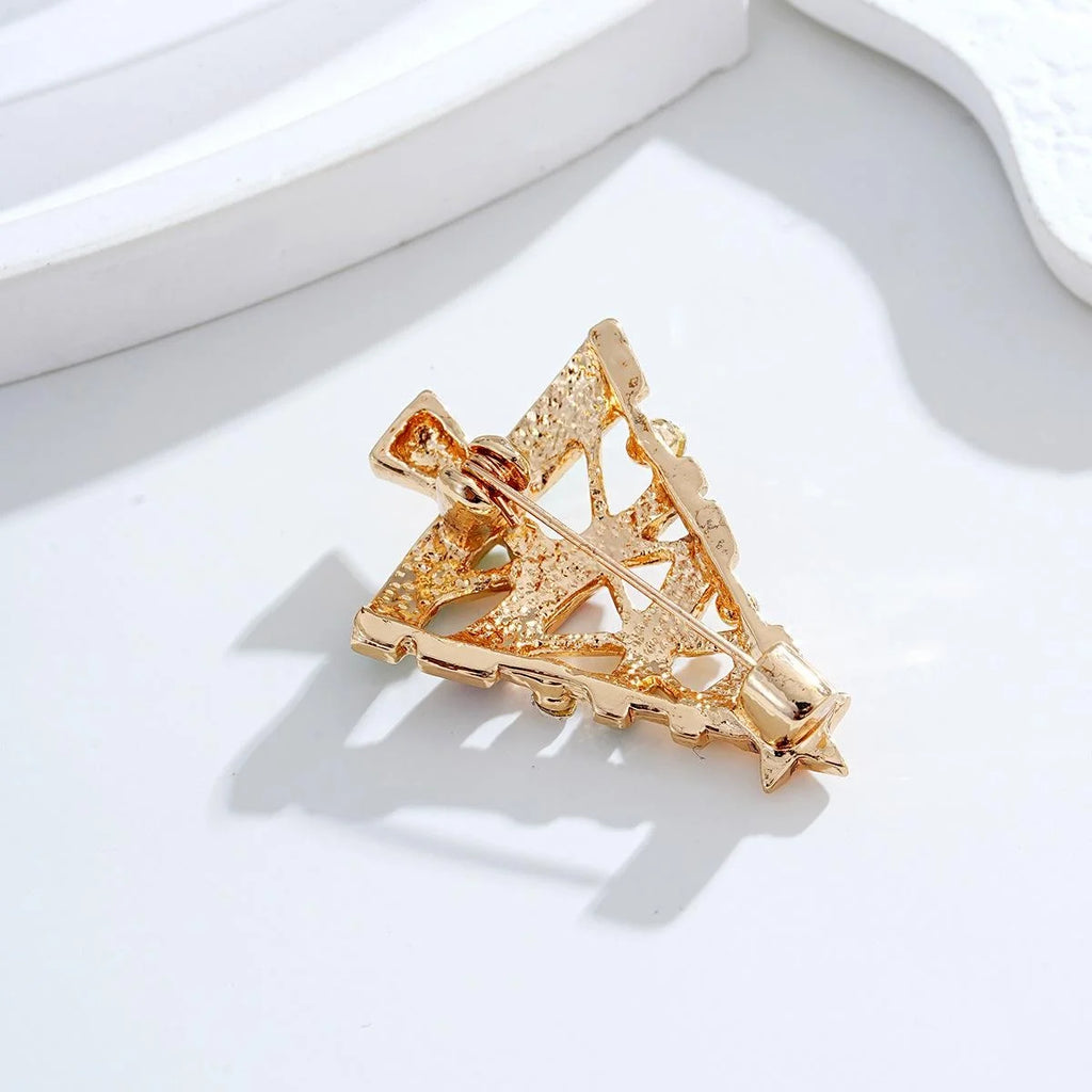 Elegant Enamel Christmas Tree Brooch With Rhinestone Star, Gold Tone Alloy Lapel Pin Holiday Gift