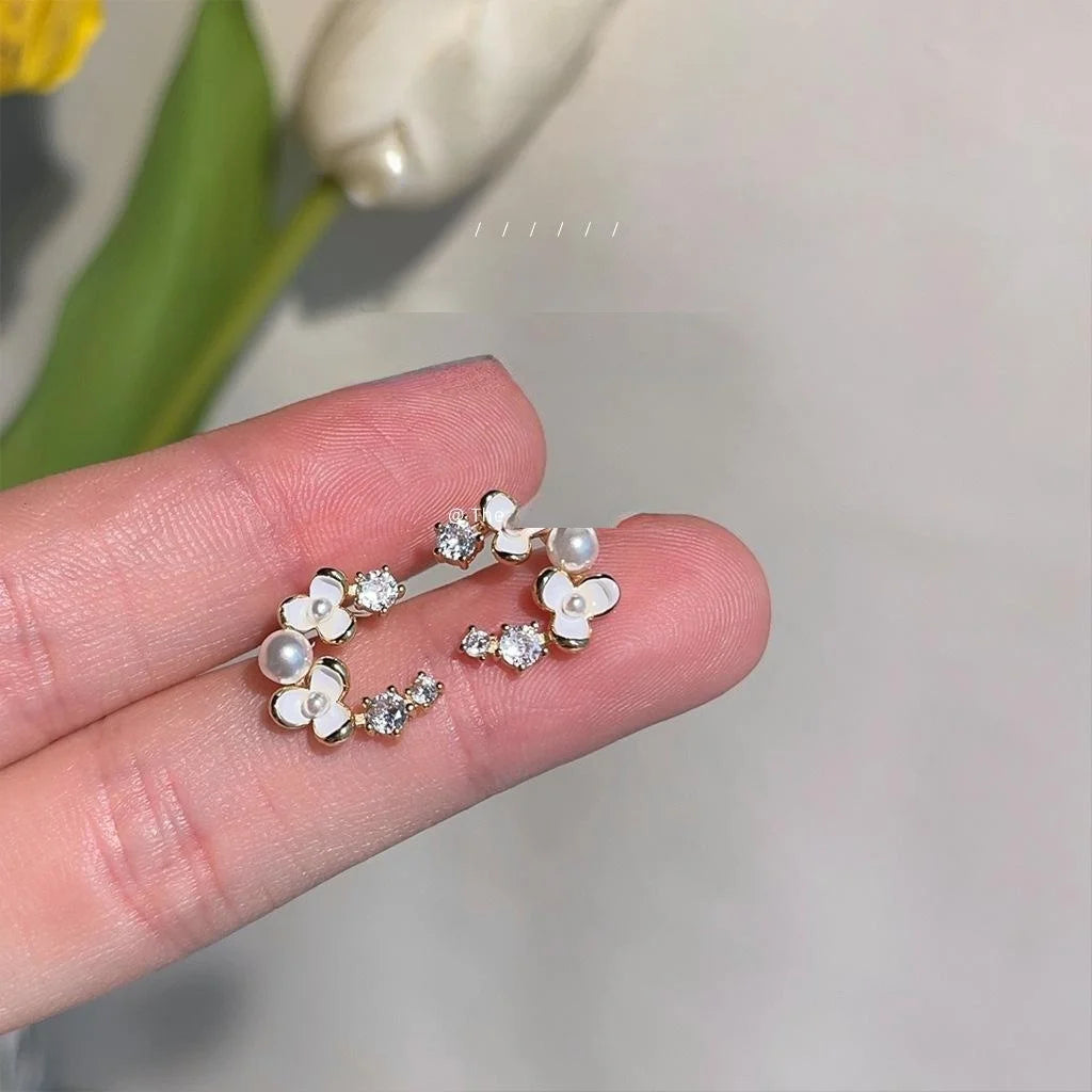 14K Gold Plated Copper Zircon Flower Stud Earrings Sweet Floral Jewelry