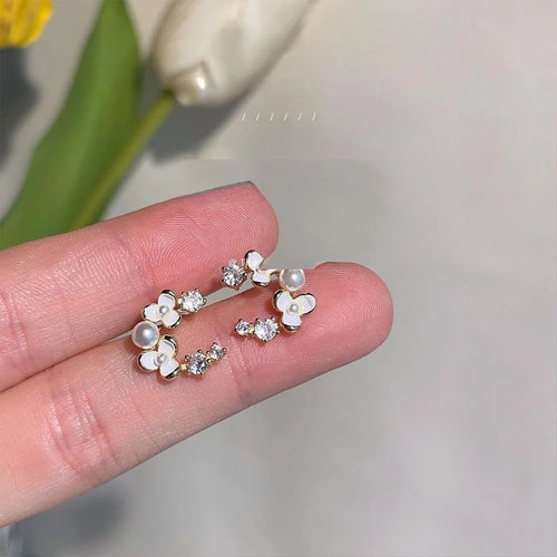 14K Gold Plated Copper Zircon Flower Stud Earrings Sweet Floral Jewelry