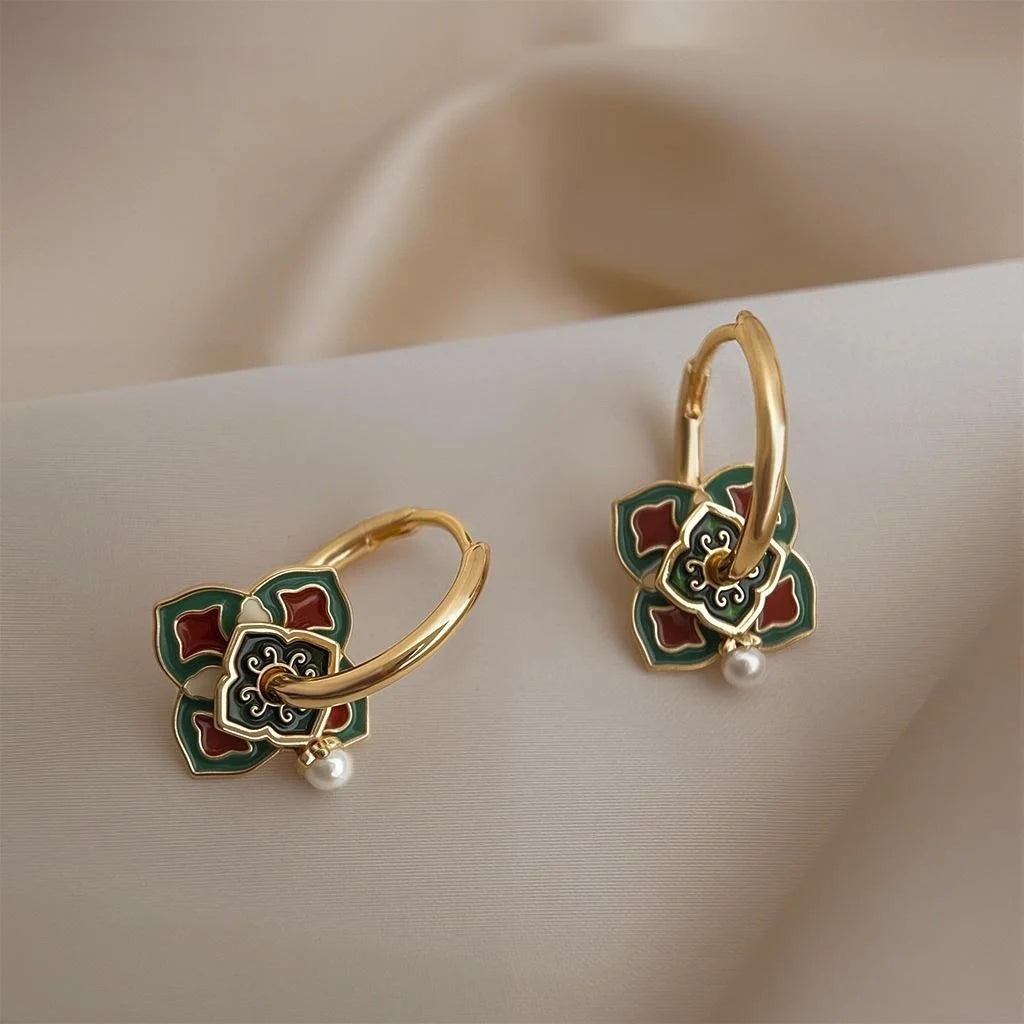 New Chinese Ethnic Octagon Enamel Pearl Stud Earrings Geometric Electroplated Jewelry