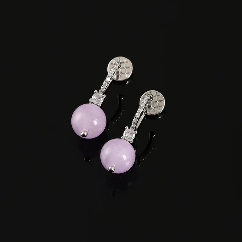 Elegant Purple Amethyst Round Bead Drop Alloy Zircon Stud & Clip On No Piercing Dangle Earrings