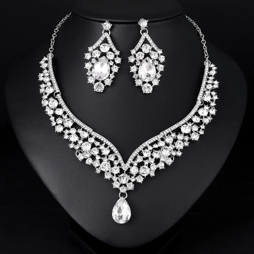 Luxury Bridal Crystal Rhinestone Teardrop Necklace And Earrings Jewelry Set For Wedding Banquet Party Gift