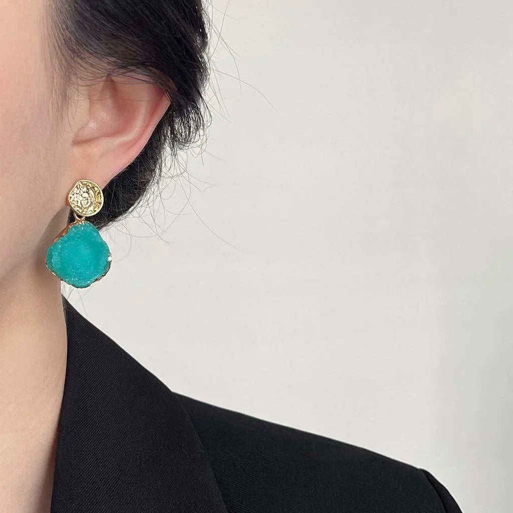 Glacier Blue Resin Copper Irregular Geometric Drop Earrings Light Luxury Resort Style