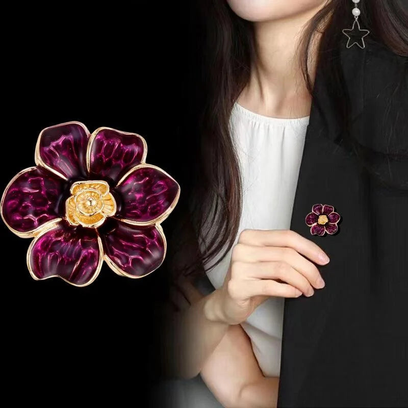 Elegant French Style Enamel Camellia Flower Brooch, Gold Tone Alloy Lapel Pin Corsage Suit Accessory Gift
