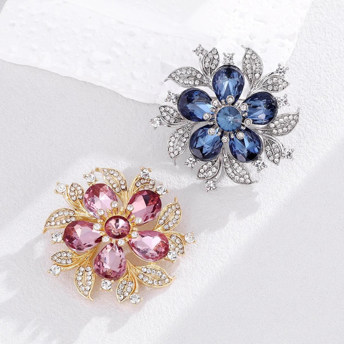 Elegant Blue Crystal Flower Brooch With Rhinestone Leaves, Silver Alloy Lapel Pin Corsage Suit Accessory