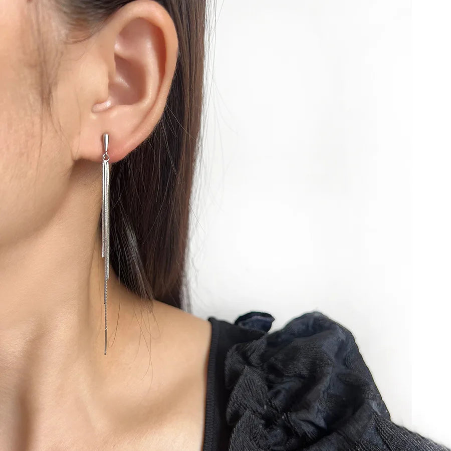 Elegant Silver Alloy Spiral Disc Long Tassel Threader Chain Stud & Clip On No Piercing Drop Earrings